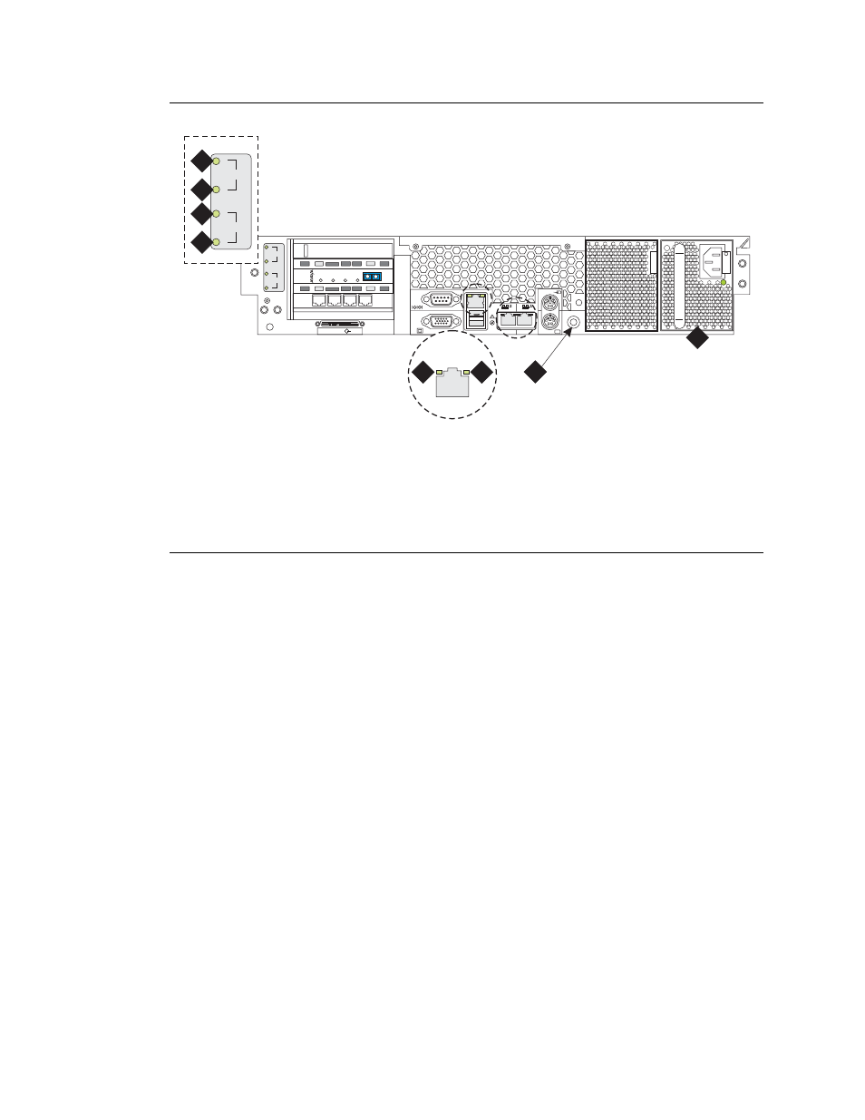 Figure 8, leds on back panel of s8710 media server, Not used, Dal1 fault (amber) | Dal1 power (green), Rj45 link (green), Active/standby mode (blue), Power supply (green) | Avaya S8710 User Manual | Page 75 / 96
