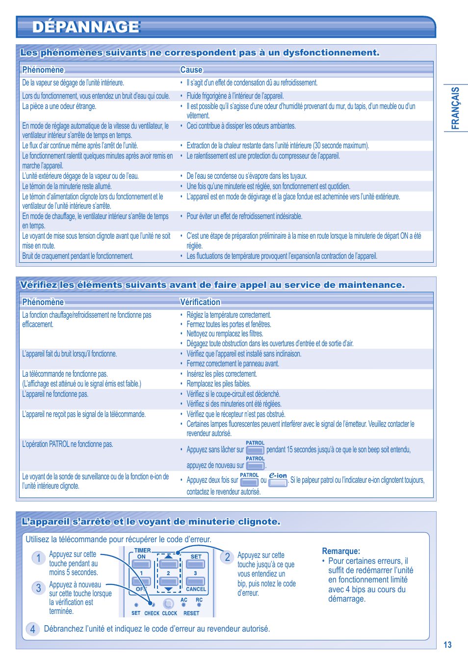 Dépannage dépannage | Panasonic CUE15JKE3 User Manual | Page 13 / 56