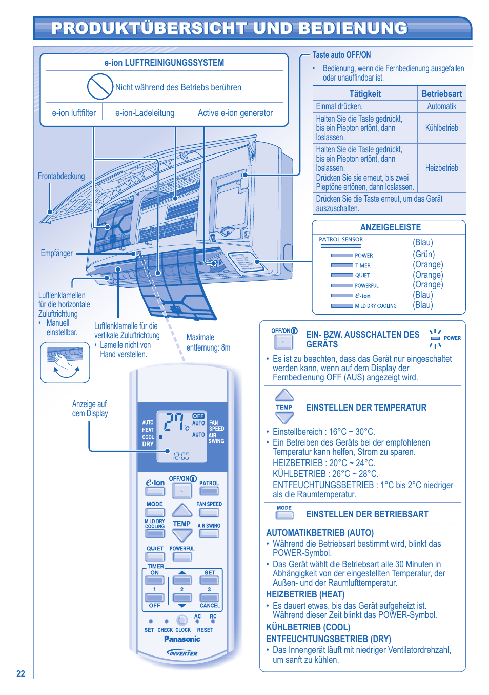 Produktübersicht und bedienung | Panasonic CUE15JKE3 User Manual | Page 22 / 56