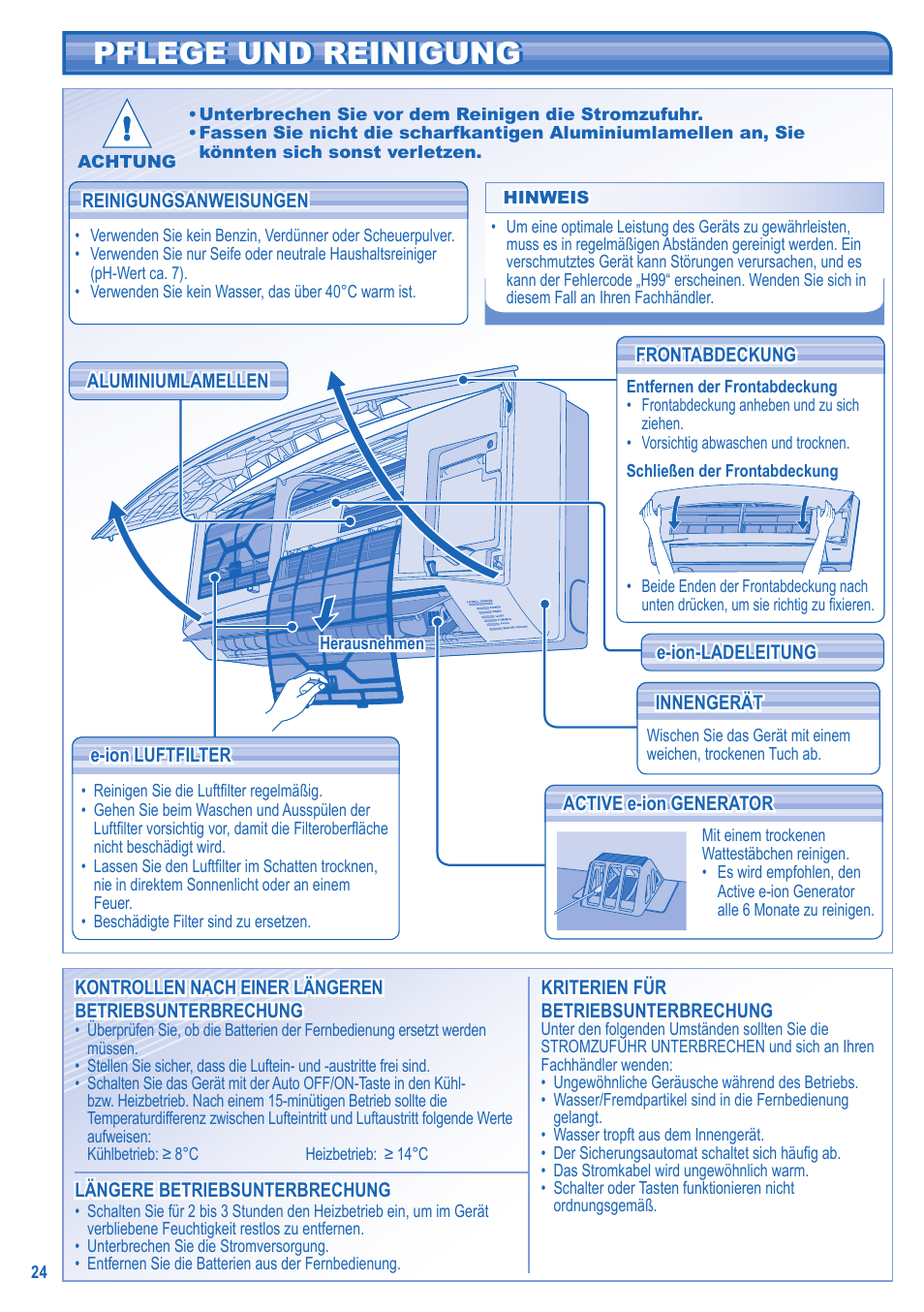 Pflege und reinigung | Panasonic CUE15JKE3 User Manual | Page 24 / 56