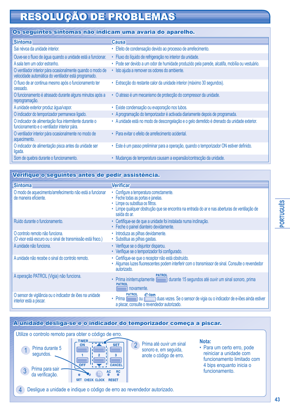 Resolução de problemas | Panasonic CUE15JKE3 User Manual | Page 43 / 56