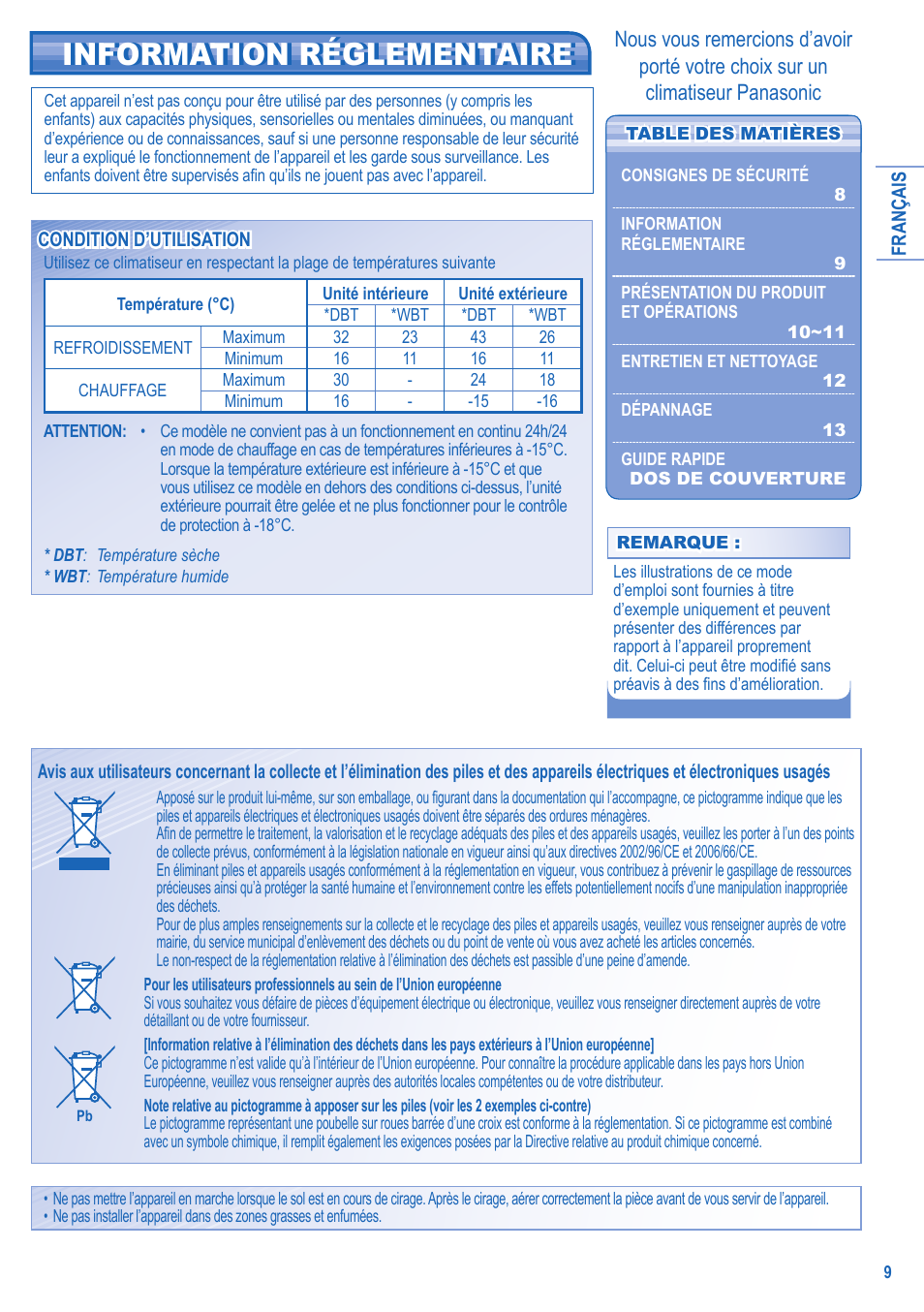 Information réglementaire | Panasonic CUE15JKE3 User Manual | Page 9 / 56