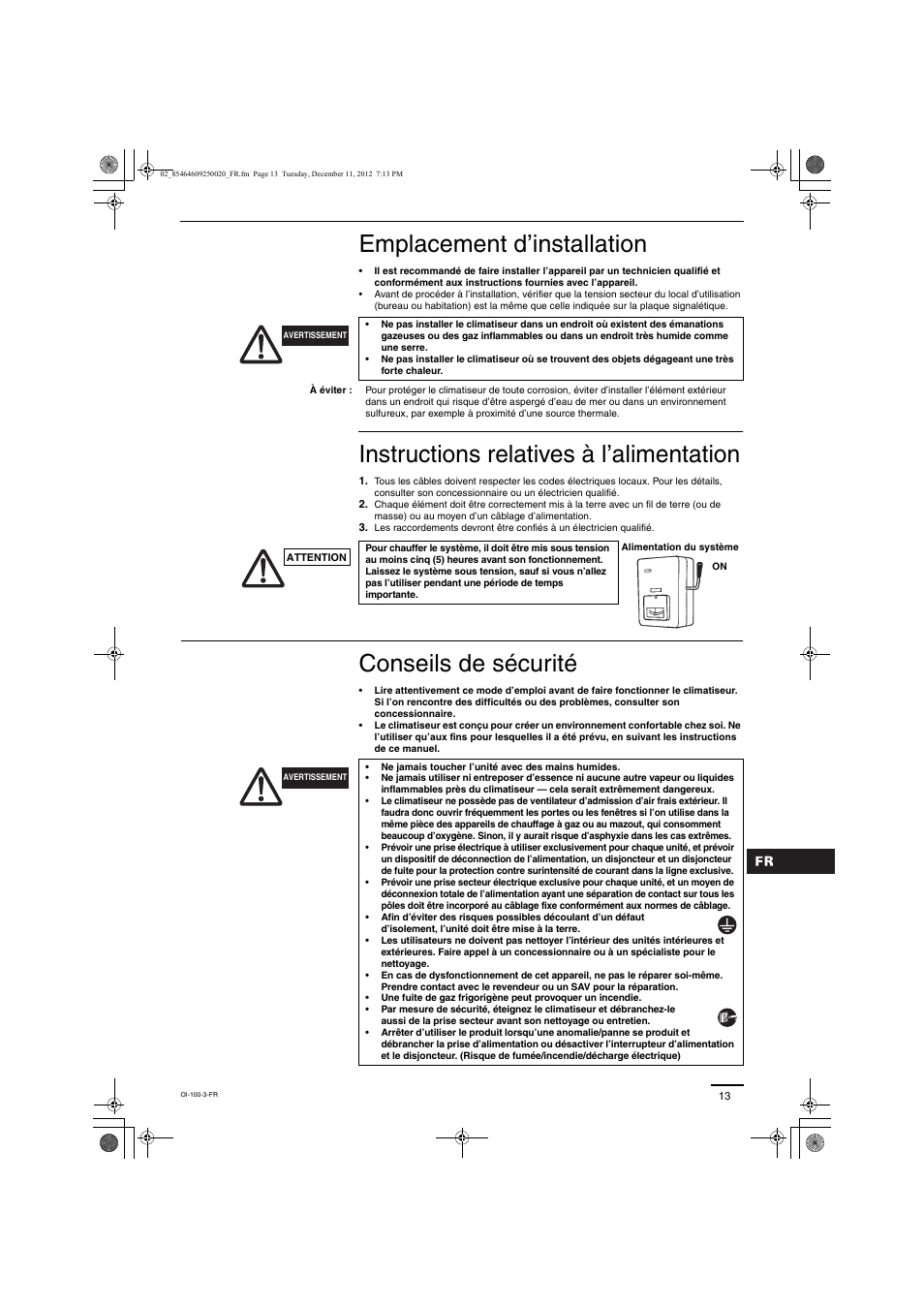 Emplacement d’installation, Instructions relatives à l’alimentation, Conseils de sécurité | Panasonic S200PE1E8A User Manual | Page 13 / 72