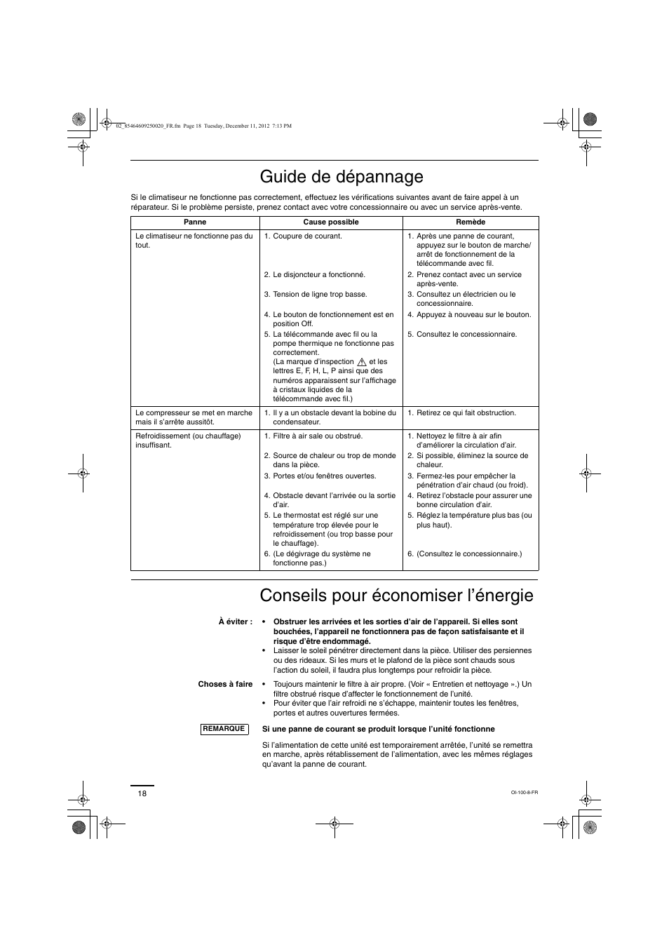 Guide de dépannage, Conseils pour économiser l’énergie | Panasonic S200PE1E8A User Manual | Page 18 / 72