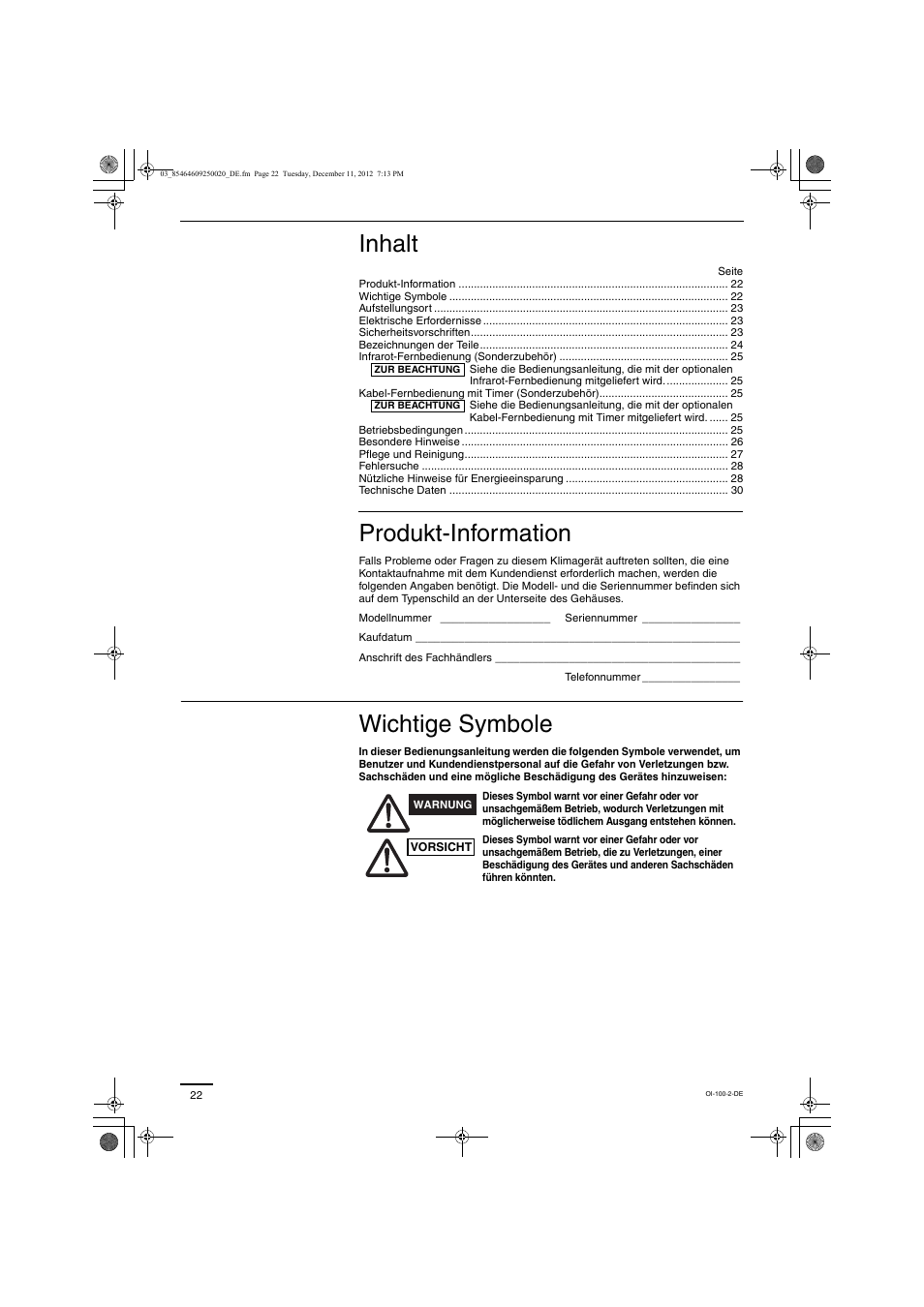 Inhalt, Produkt-information, Wichtige symbole | Panasonic S200PE1E8A User Manual | Page 22 / 72