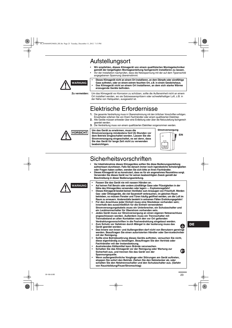 Aufstellungsort, Elektrische erfordernisse, Sicherheitsvorschriften | Panasonic S200PE1E8A User Manual | Page 23 / 72