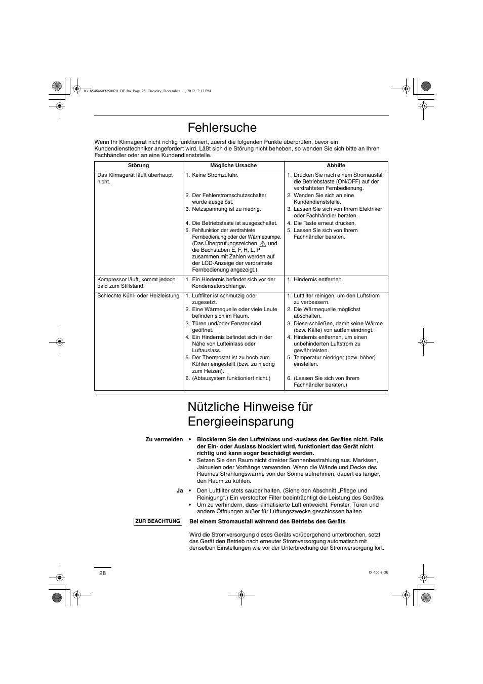 Fehlersuche, Nützliche hinweise für energieeinsparung | Panasonic S200PE1E8A User Manual | Page 28 / 72