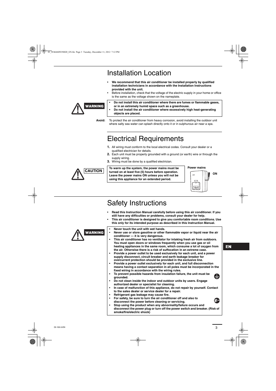 Installation location, Electrical requirements, Safety instructions | Panasonic S200PE1E8A User Manual | Page 3 / 72