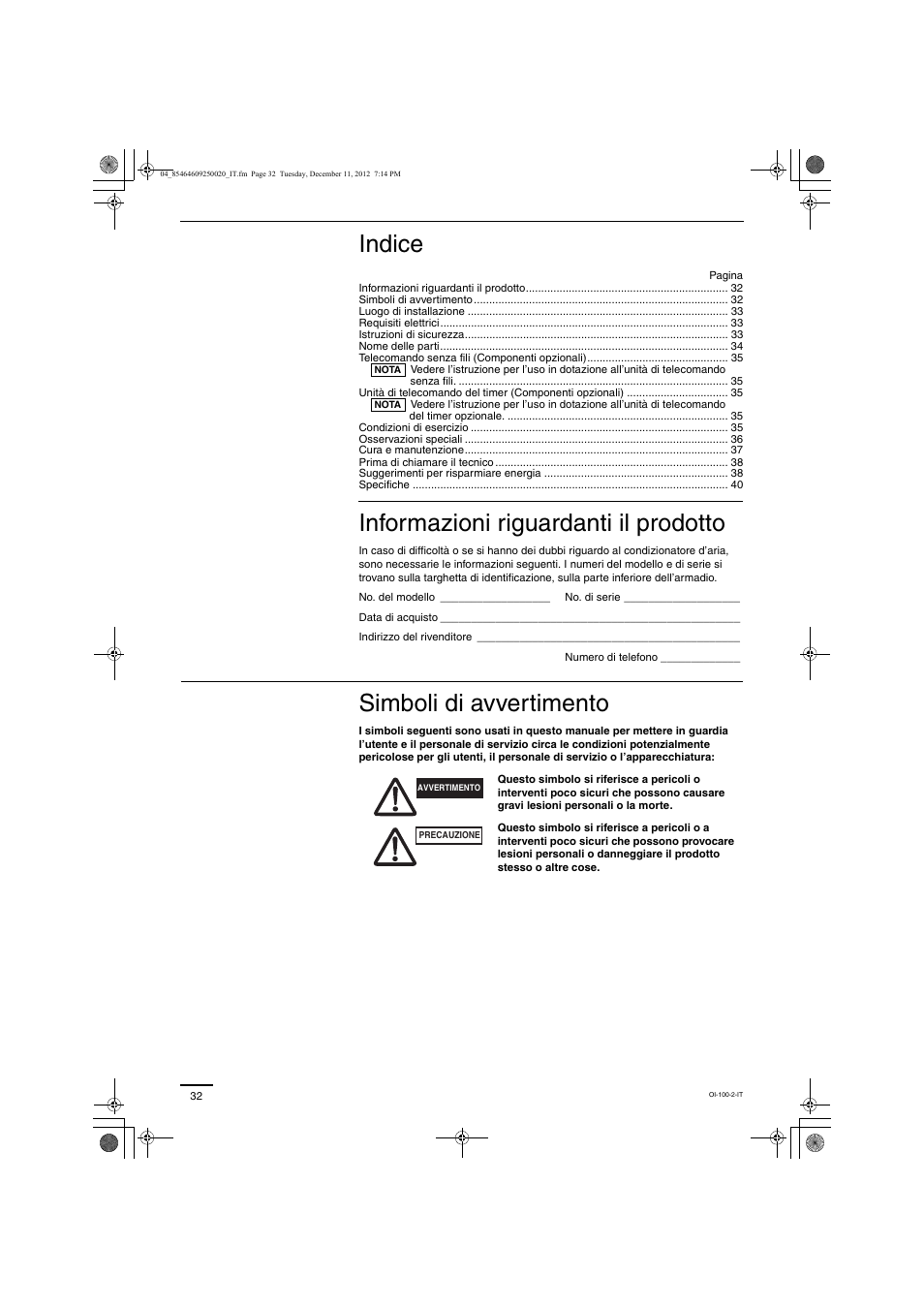 Indice, Informazioni riguardanti il prodotto, Simboli di avvertimento | Panasonic S200PE1E8A User Manual | Page 32 / 72