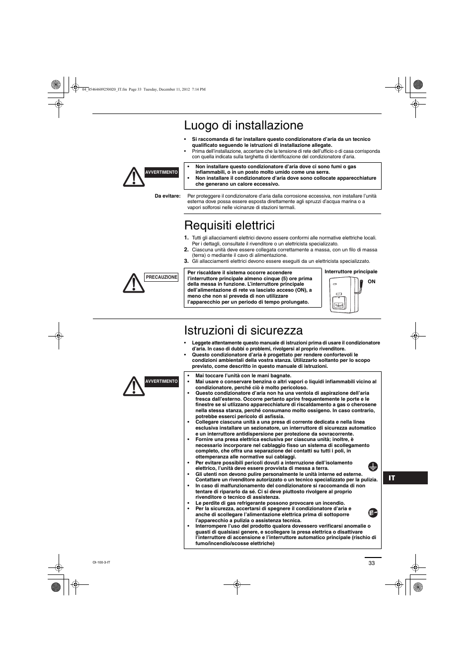 Luogo di installazione, Requisiti elettrici, Istruzioni di sicurezza | Panasonic S200PE1E8A User Manual | Page 33 / 72