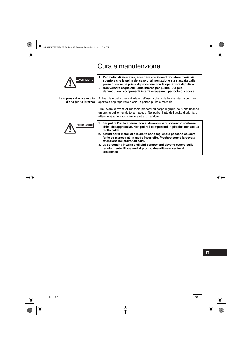 Cura e manutenzione | Panasonic S200PE1E8A User Manual | Page 37 / 72