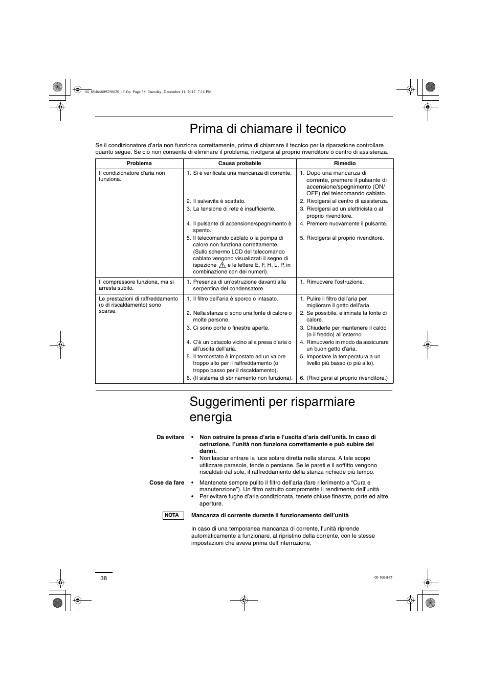 Prima di chiamare il tecnico, Suggerimenti per risparmiare energia | Panasonic S200PE1E8A User Manual | Page 38 / 72