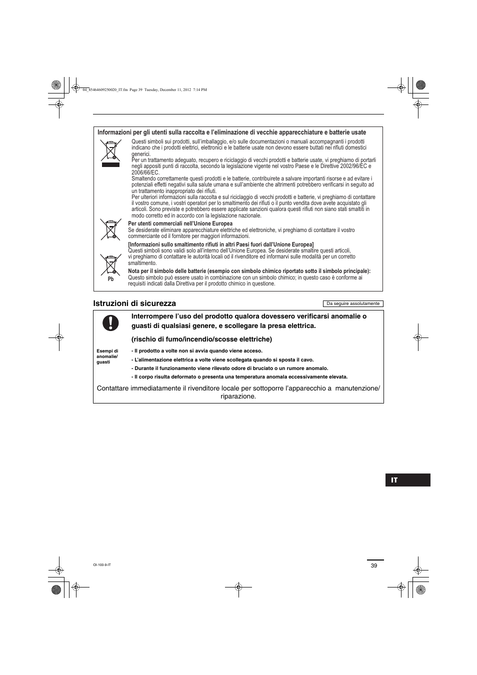 Istruzioni di sicurezza | Panasonic S200PE1E8A User Manual | Page 39 / 72