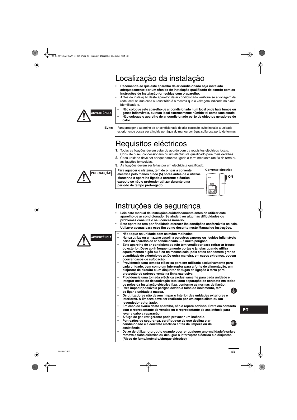 Localização da instalação, Requisitos eléctricos, Instruções de segurança | Panasonic S200PE1E8A User Manual | Page 43 / 72