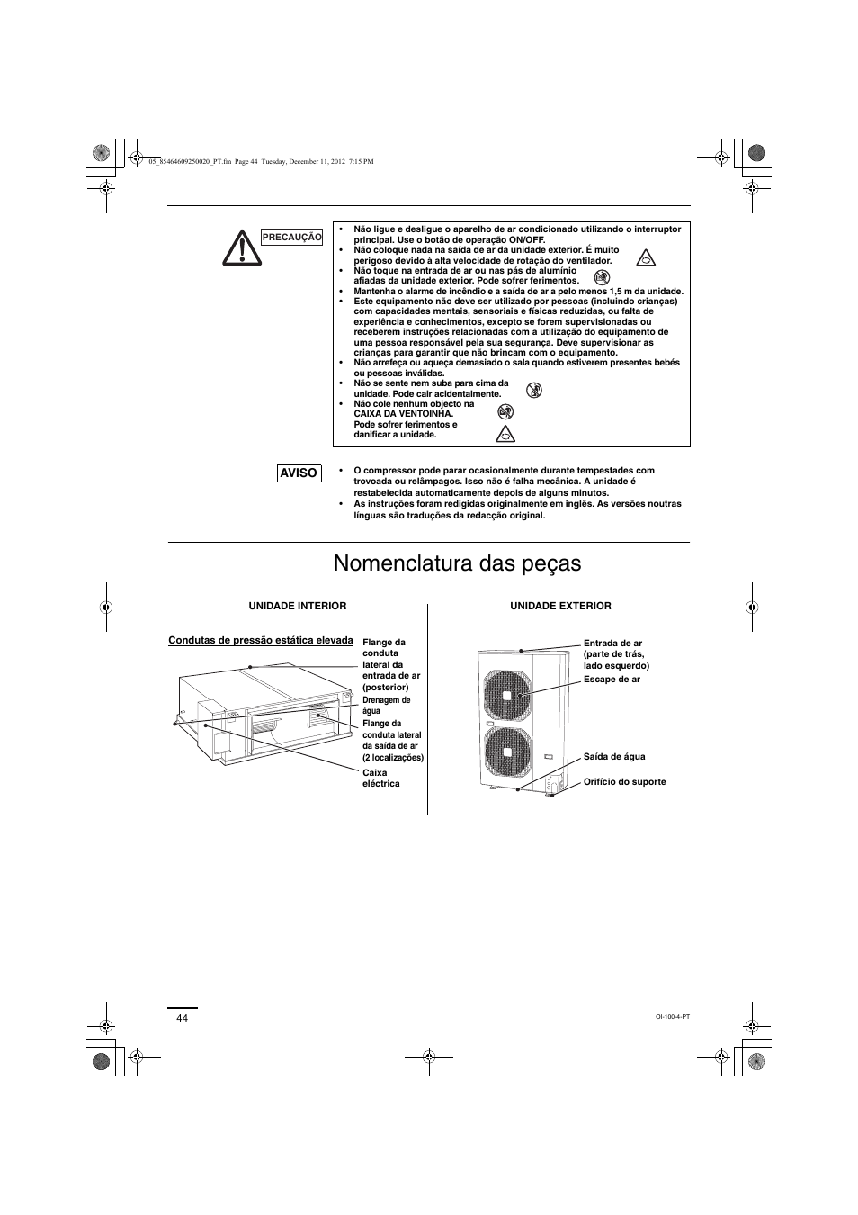 Nomenclatura das peças | Panasonic S200PE1E8A User Manual | Page 44 / 72