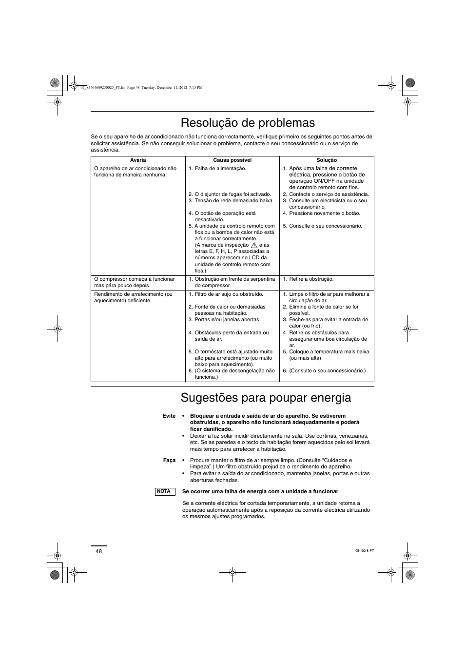 Resolução de problemas, Sugestões para poupar energia | Panasonic S200PE1E8A User Manual | Page 48 / 72