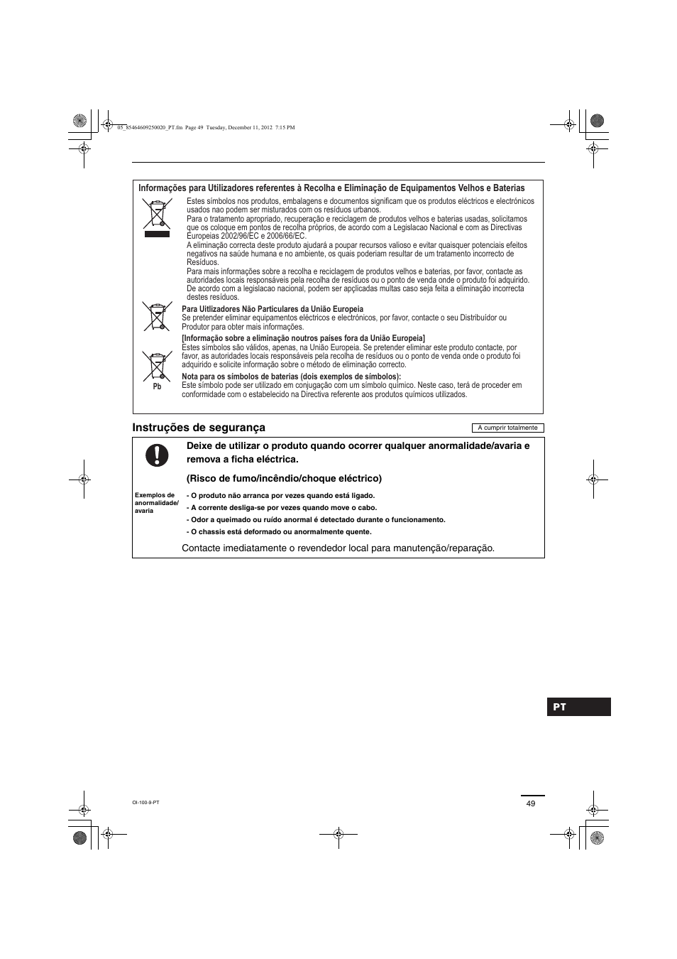 Instruções de segurança | Panasonic S200PE1E8A User Manual | Page 49 / 72