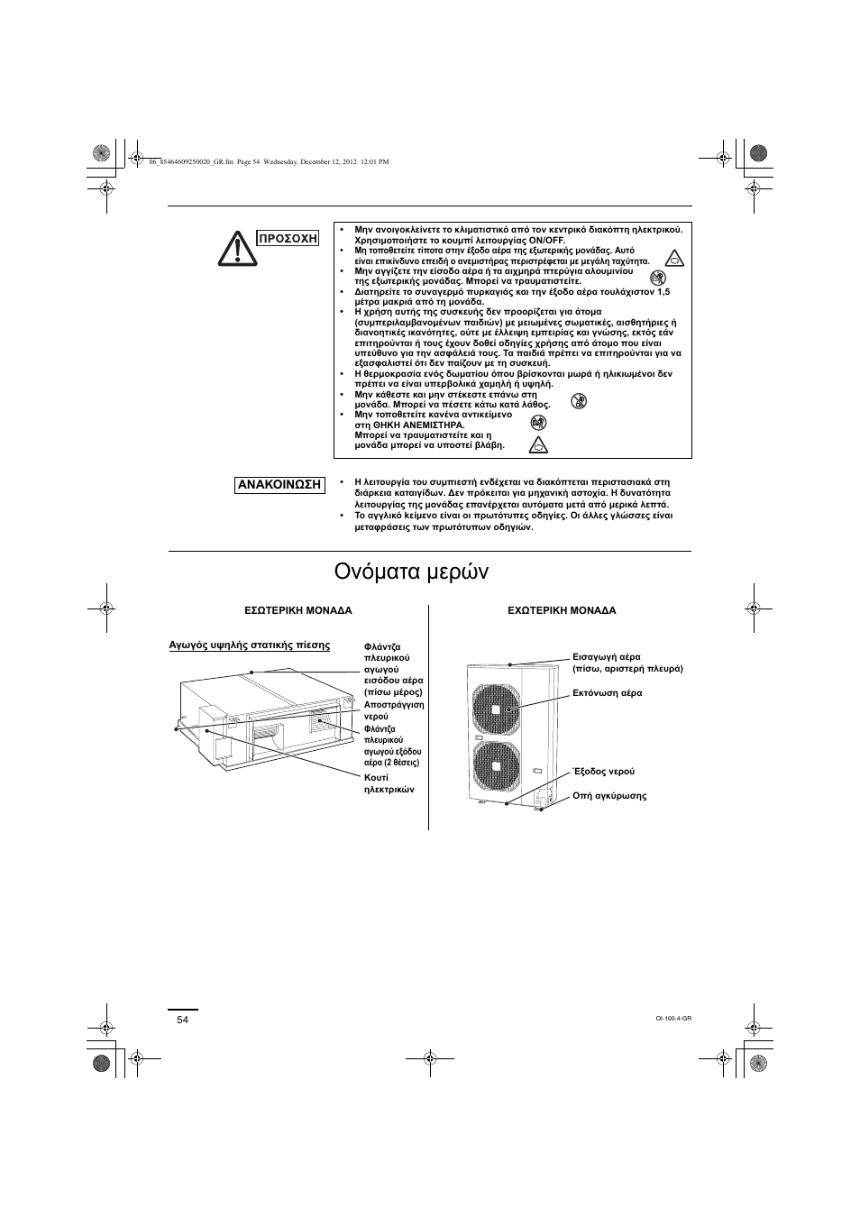 Oνόματα μερών | Panasonic S200PE1E8A User Manual | Page 54 / 72