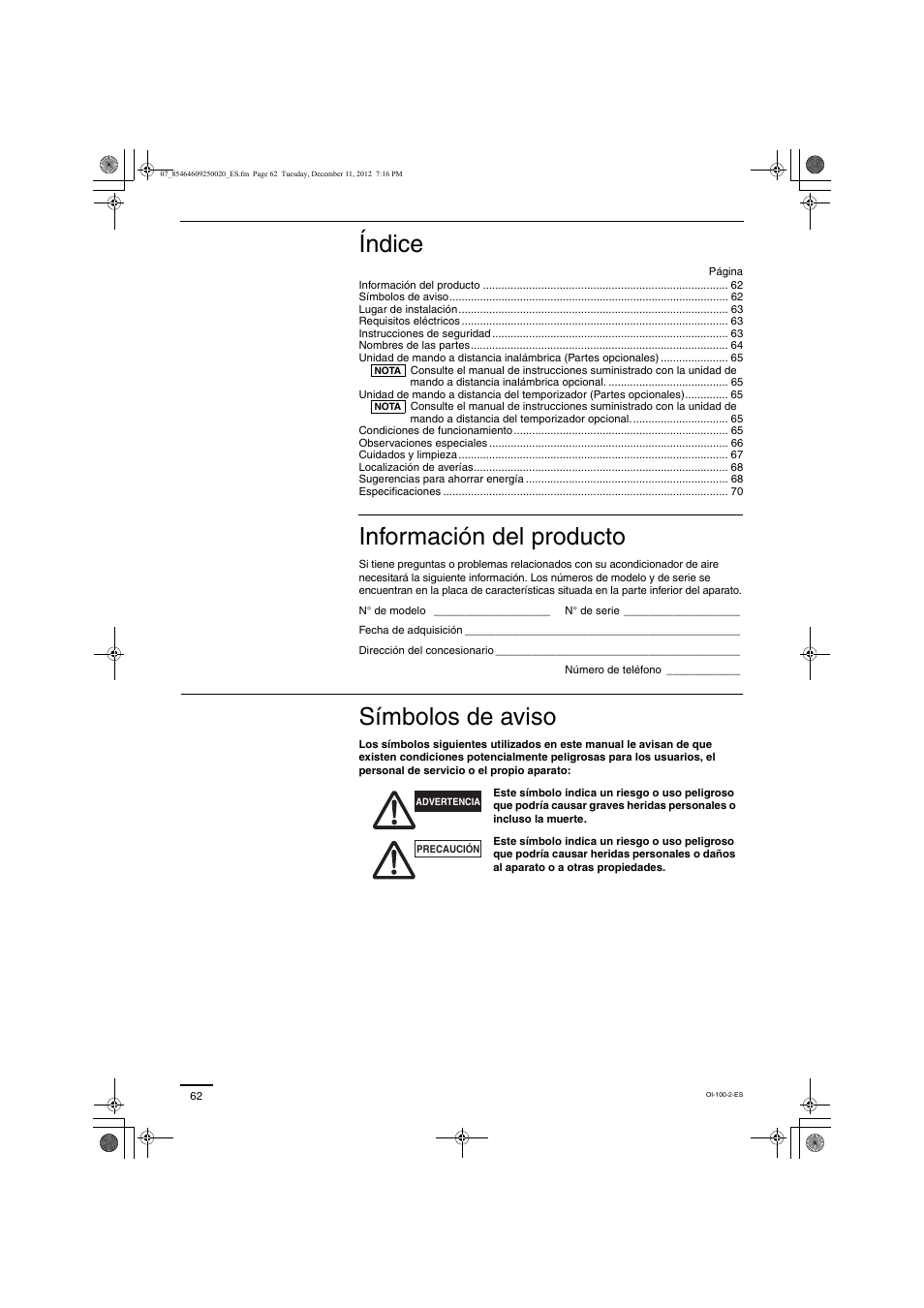 Índice, Información del producto, Símbolos de aviso | Panasonic S200PE1E8A User Manual | Page 62 / 72