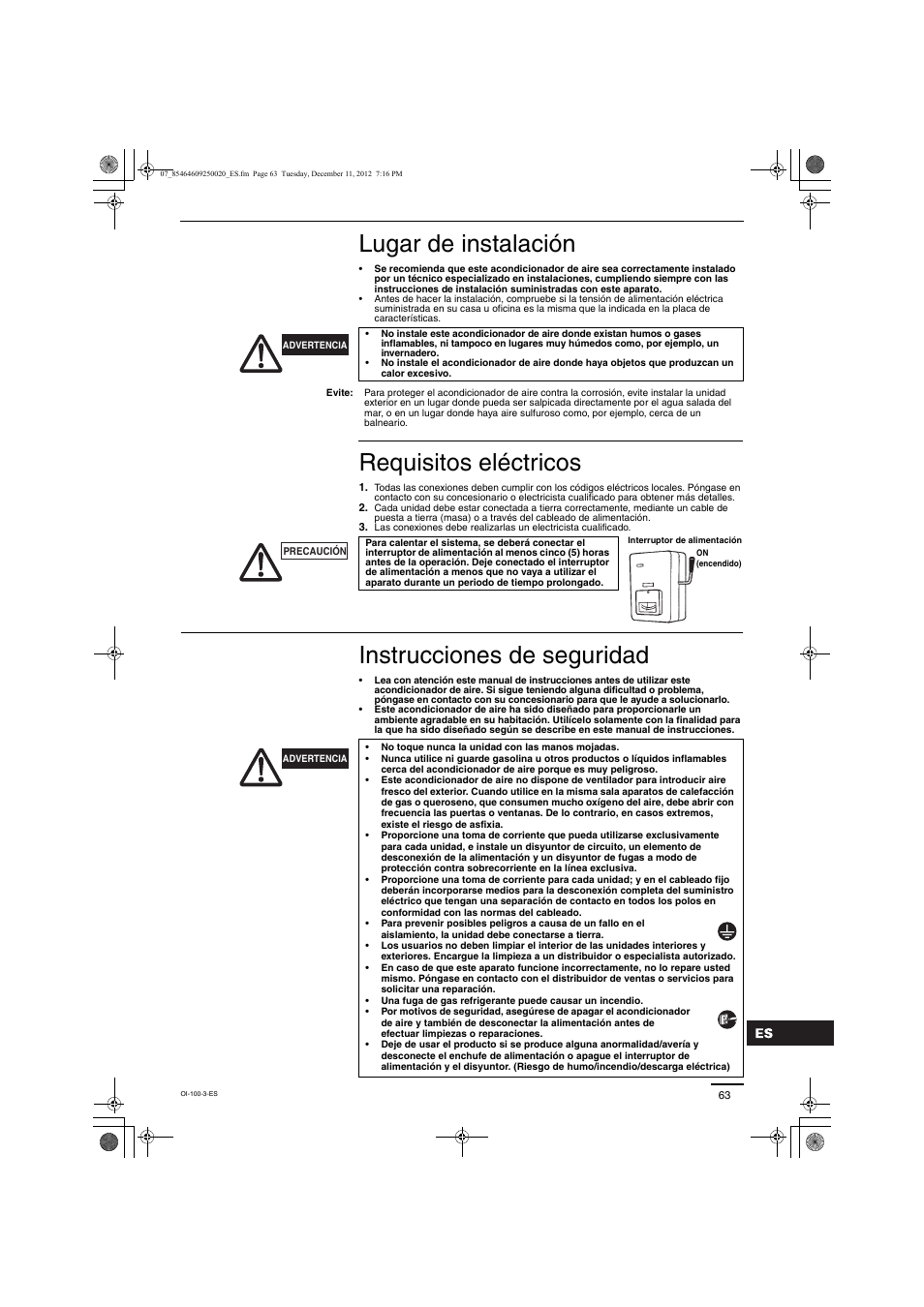 Lugar de instalación, Requisitos eléctricos, Instrucciones de seguridad | Panasonic S200PE1E8A User Manual | Page 63 / 72