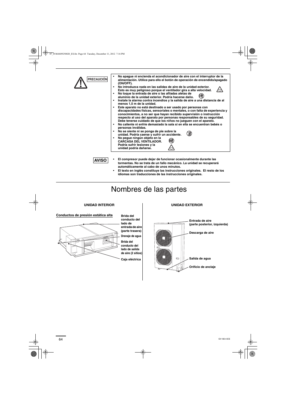 Nombres de las partes | Panasonic S200PE1E8A User Manual | Page 64 / 72