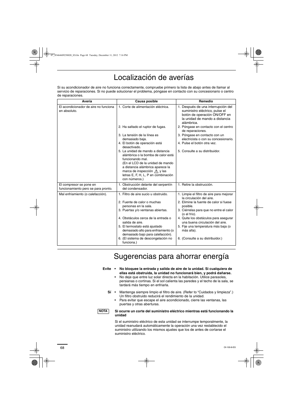 Localización de averías, Sugerencias para ahorrar energía | Panasonic S200PE1E8A User Manual | Page 68 / 72