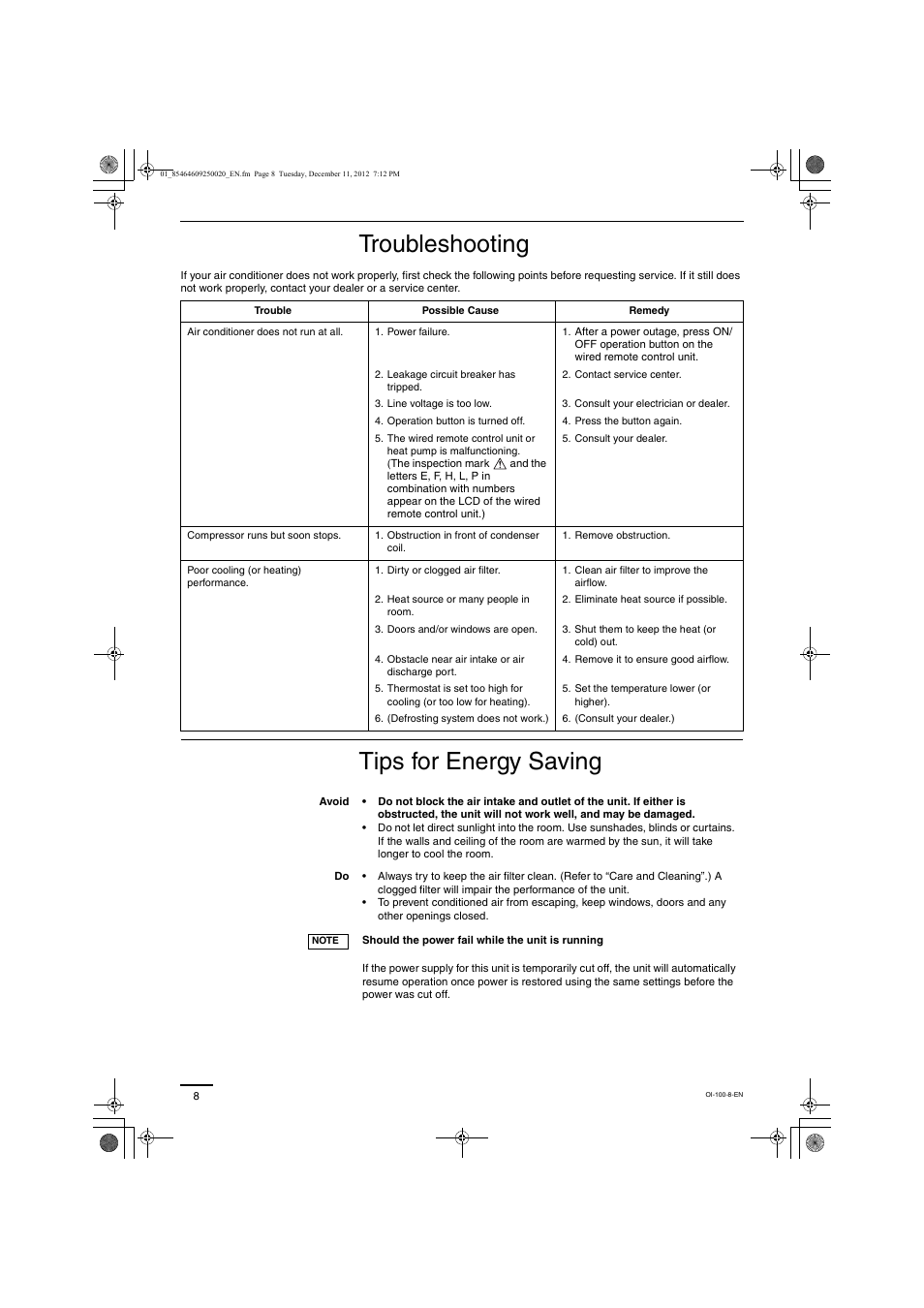 Troubleshooting, Tips for energy saving | Panasonic S200PE1E8A User Manual | Page 8 / 72