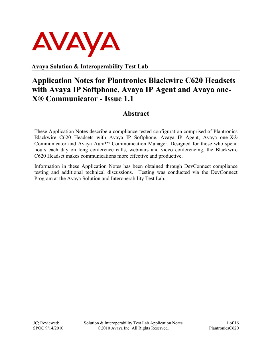 Avaya PLANTRONICS C620 User Manual | 16 pages