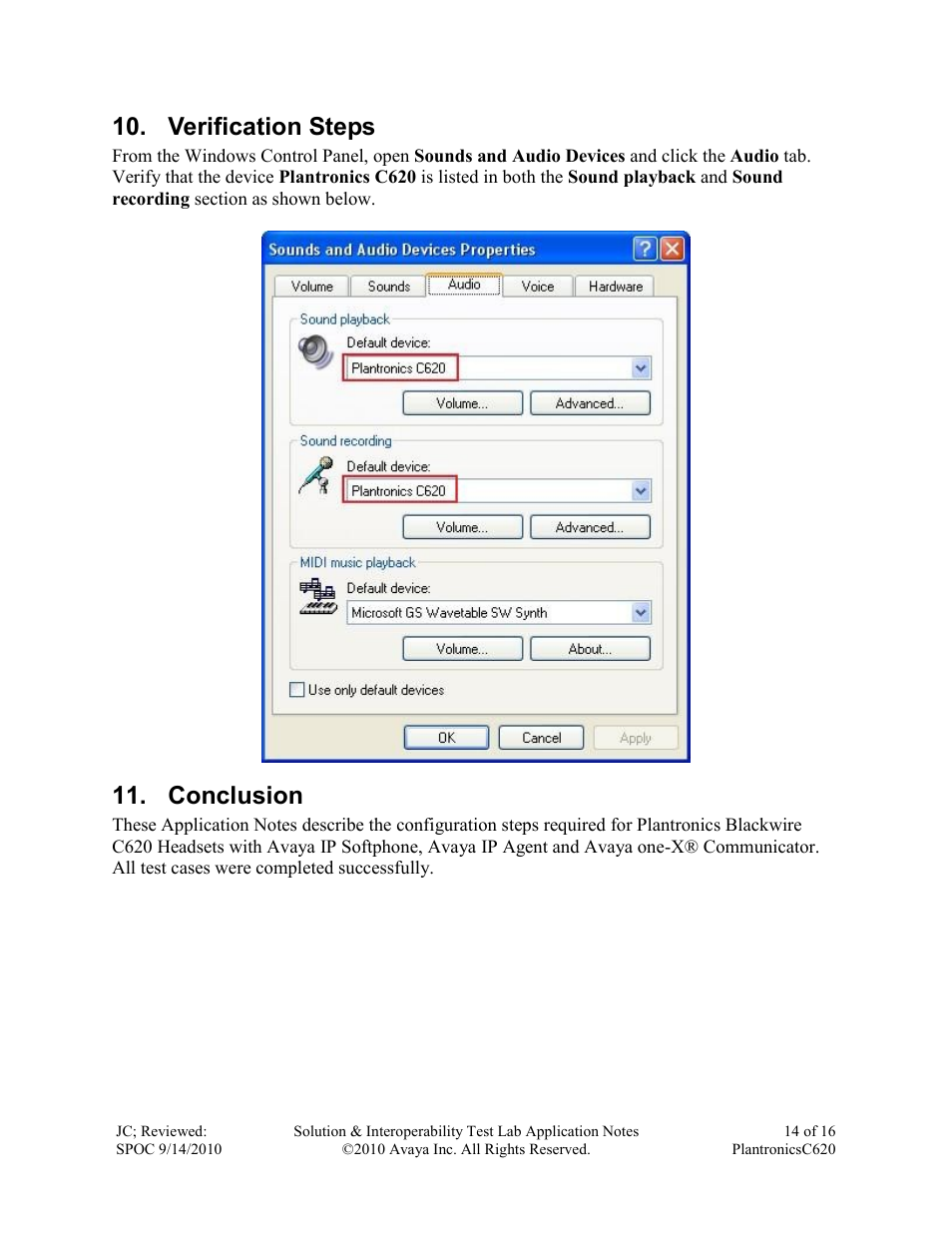 Verification steps, Conclusion | Avaya PLANTRONICS C620 User Manual | Page 14 / 16