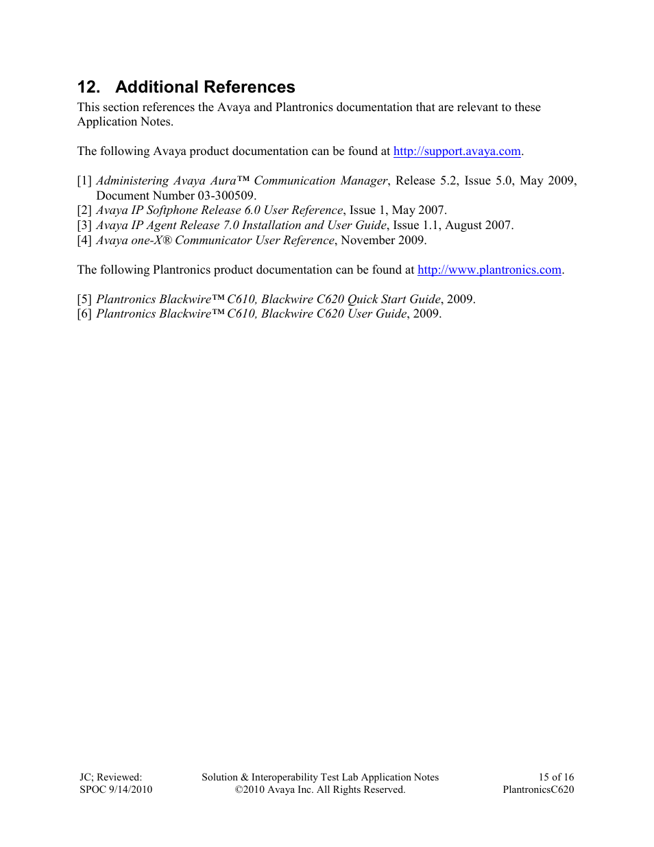 Additional references | Avaya PLANTRONICS C620 User Manual | Page 15 / 16