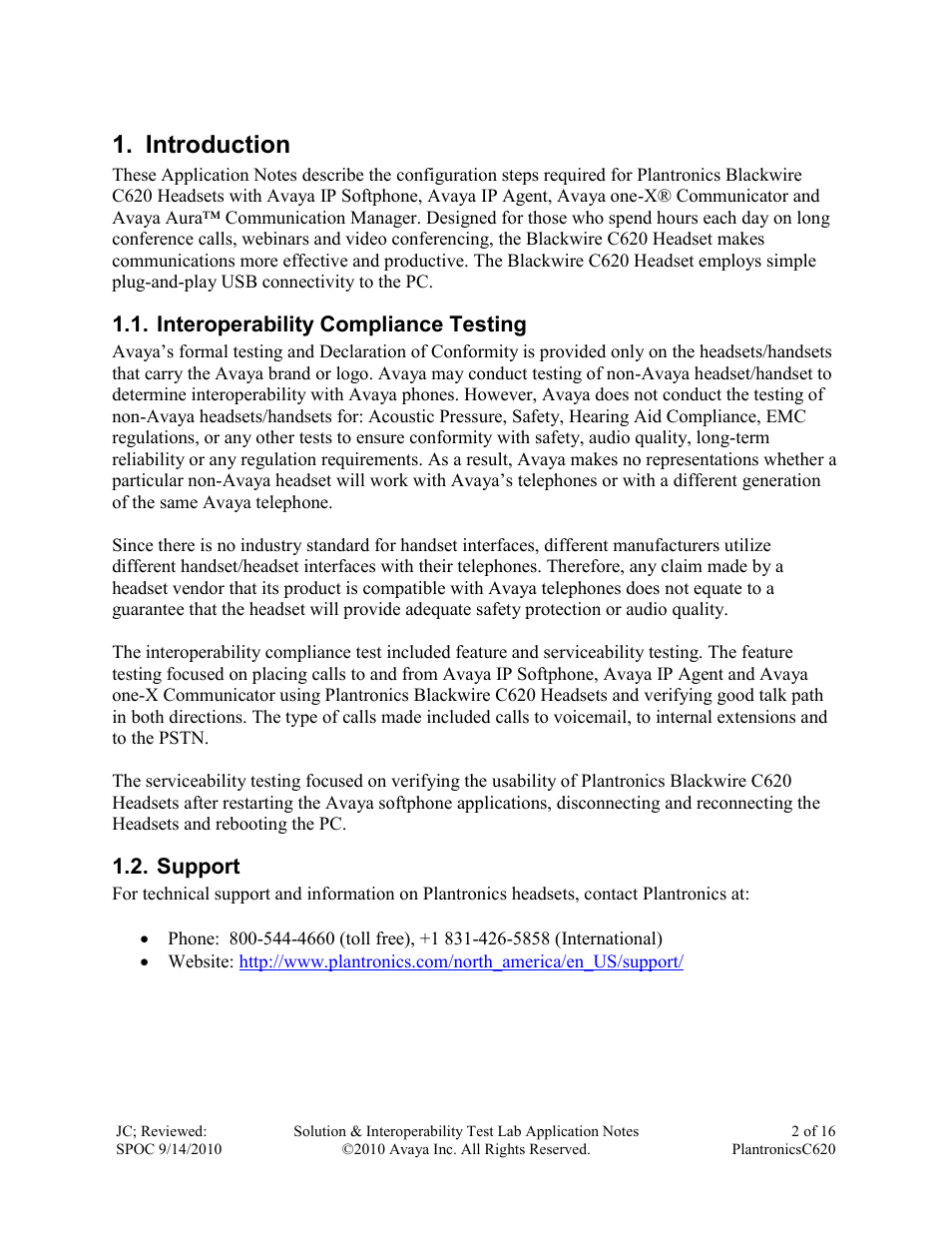 Introduction | Avaya PLANTRONICS C620 User Manual | Page 2 / 16