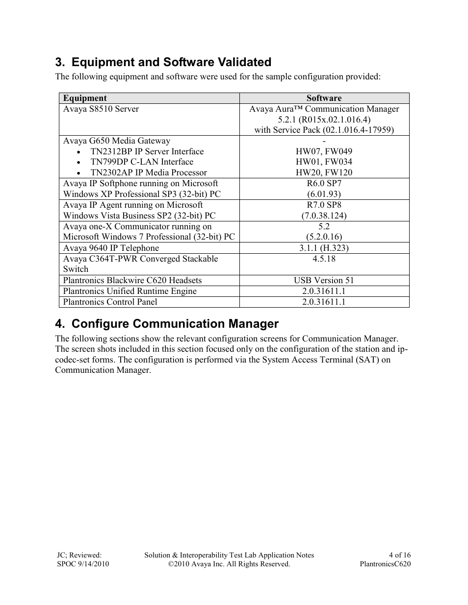 Equipment and software validated, Configure communication manager | Avaya PLANTRONICS C620 User Manual | Page 4 / 16