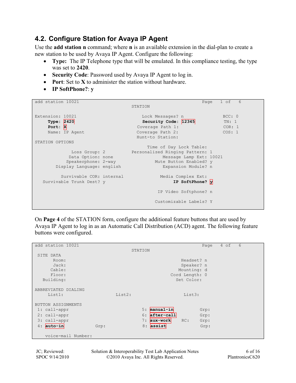 Configure station for avaya ip agent | Avaya PLANTRONICS C620 User Manual | Page 6 / 16