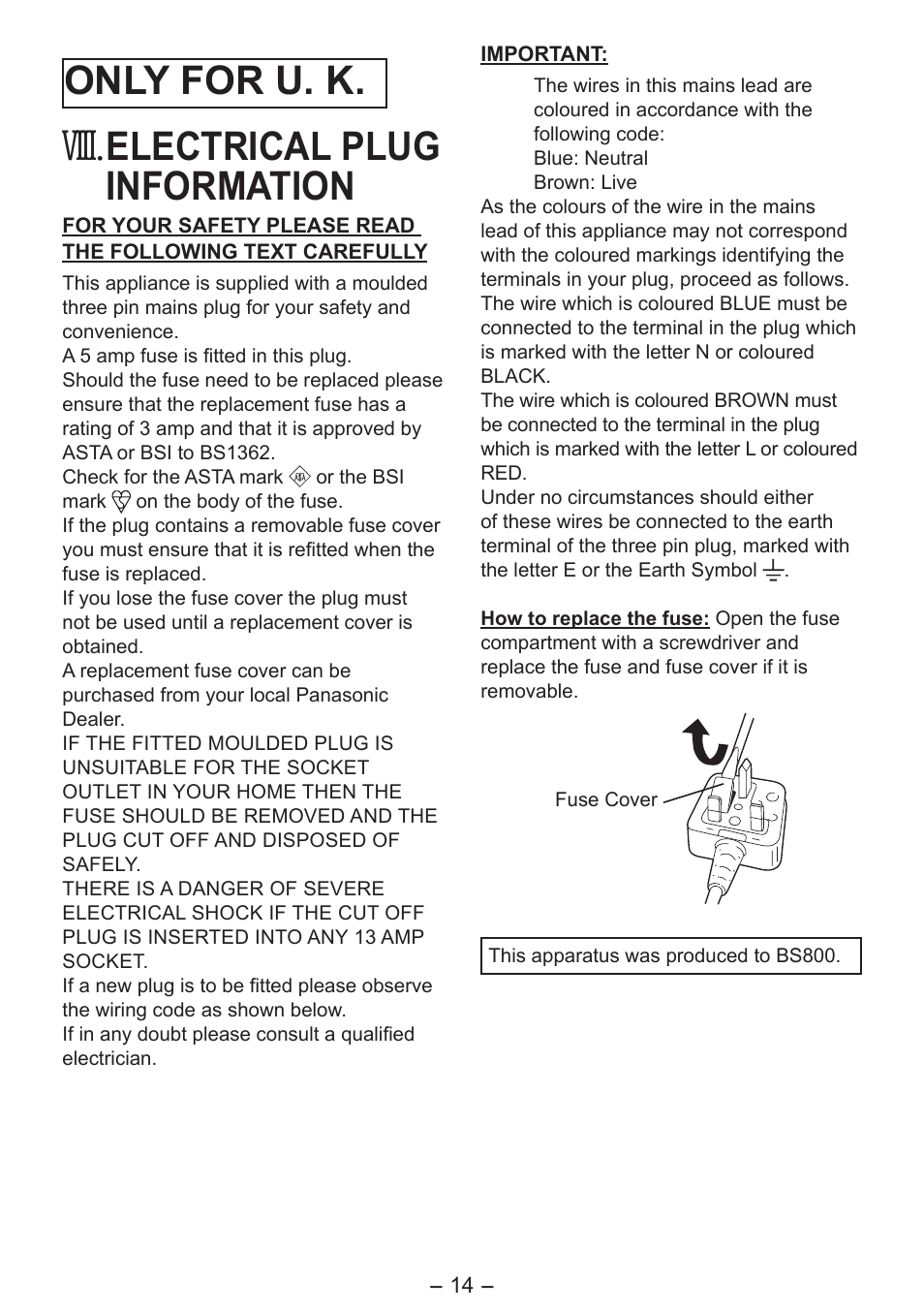 Viii, Only for u. k, Electrical plug information | Panasonic EY3641 User Manual | Page 14 / 104