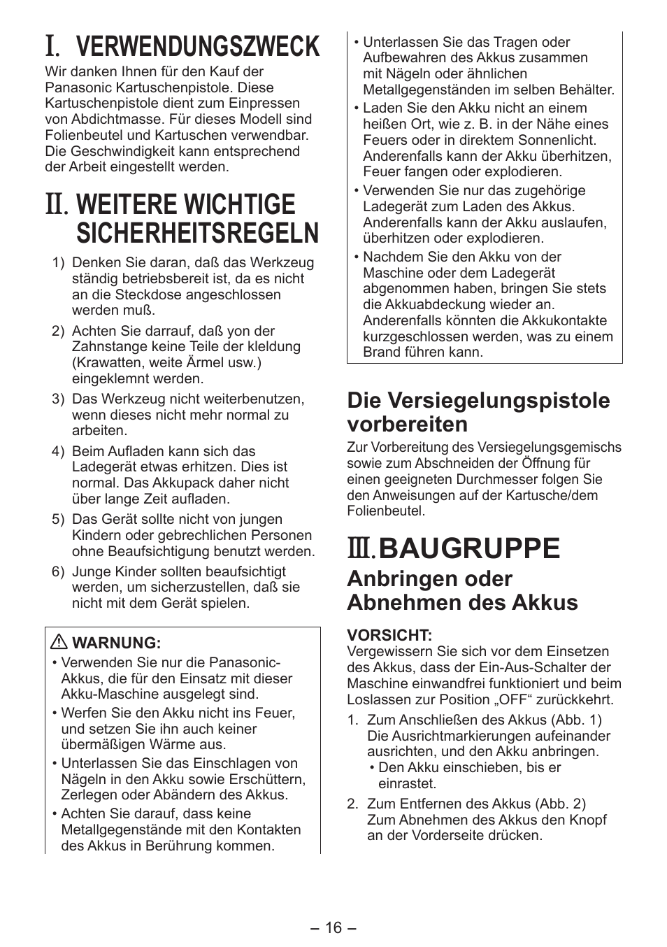 Verwendungszweck, Weitere wichtige sicherheitsregeln, Baugruppe | Die versiegelungspistole vorbereiten, Anbringen oder abnehmen des akkus | Panasonic EY3641 User Manual | Page 16 / 104