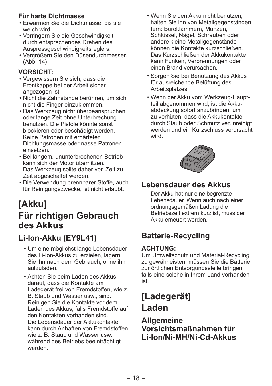 Akku] für richtigen gebrauch des akkus, Ladegerät] laden, Li-ion-akku (ey9l41) | Lebensdauer des akkus, Batterie-recycling | Panasonic EY3641 User Manual | Page 18 / 104