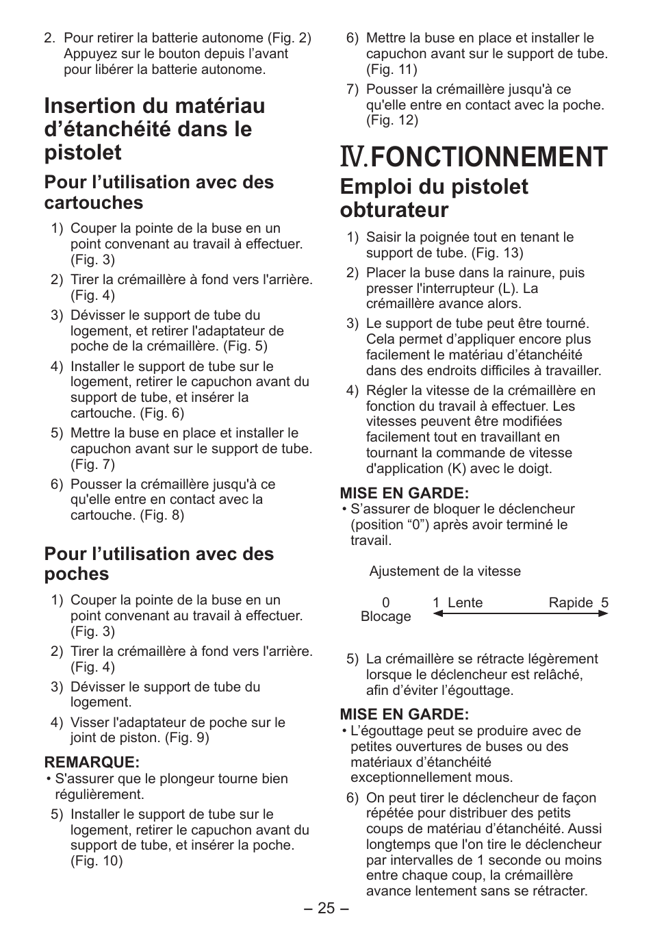 Fonctionnement, Emploi du pistolet obturateur, Pour l’utilisation avec des cartouches | Pour l’utilisation avec des poches | Panasonic EY3641 User Manual | Page 25 / 104