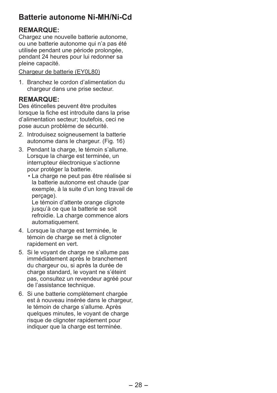 Batterie autonome ni-mh/ni-cd | Panasonic EY3641 User Manual | Page 28 / 104