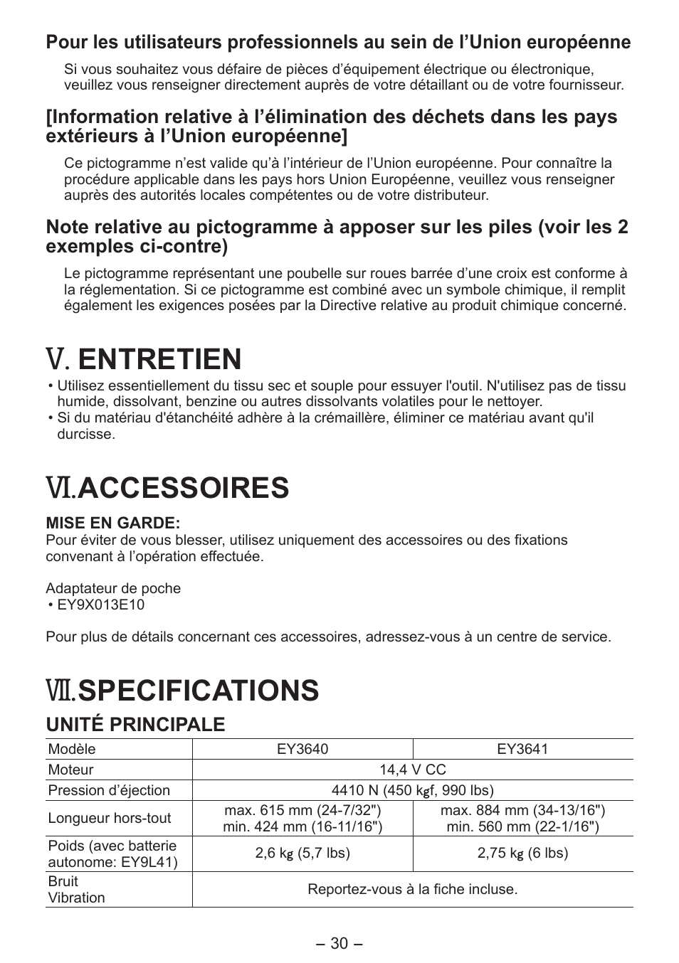 Entretien, Accessoires, Specifications | Panasonic EY3641 User Manual | Page 30 / 104