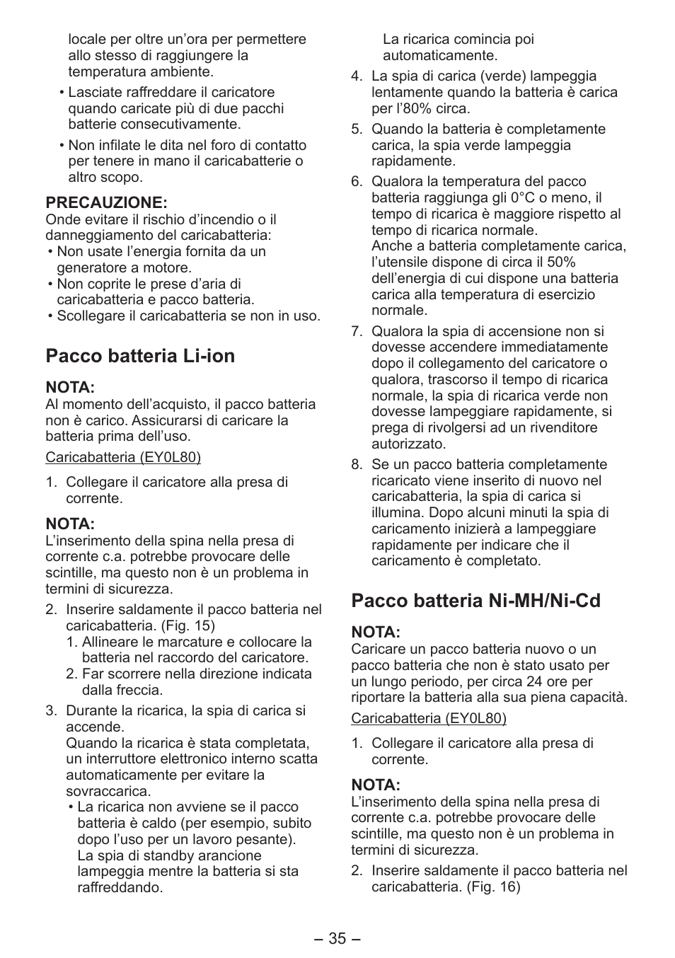 Pacco batteria li-ion, Pacco batteria ni-mh/ni-cd | Panasonic EY3641 User Manual | Page 35 / 104