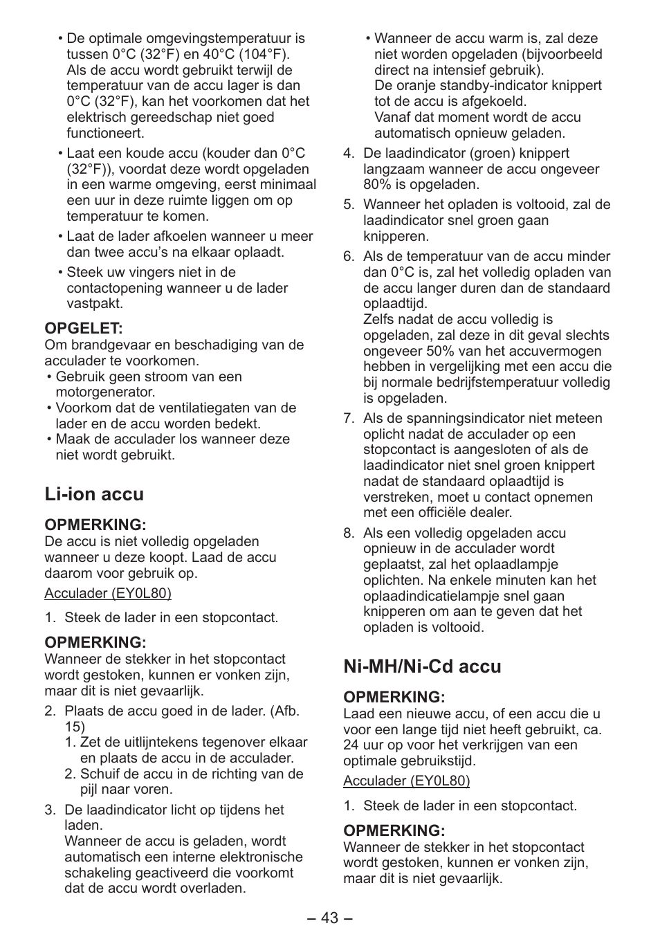 Li-ion accu, Ni-mh/ni-cd accu | Panasonic EY3641 User Manual | Page 43 / 104