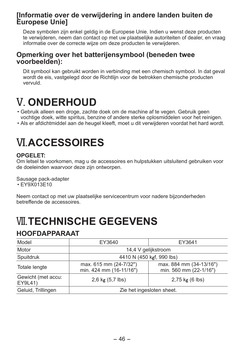 Onderhoud, Accessoires, Technische gegevens | Panasonic EY3641 User Manual | Page 46 / 104