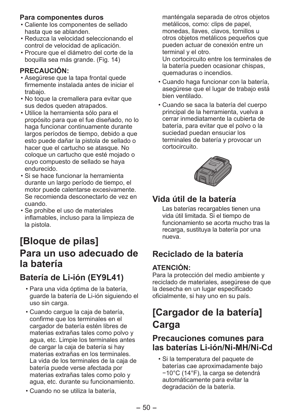 Cargador de la batería] carga, Batería de li-ión (ey9l41), Vida útil de la batería | Reciclado de la batería | Panasonic EY3641 User Manual | Page 50 / 104