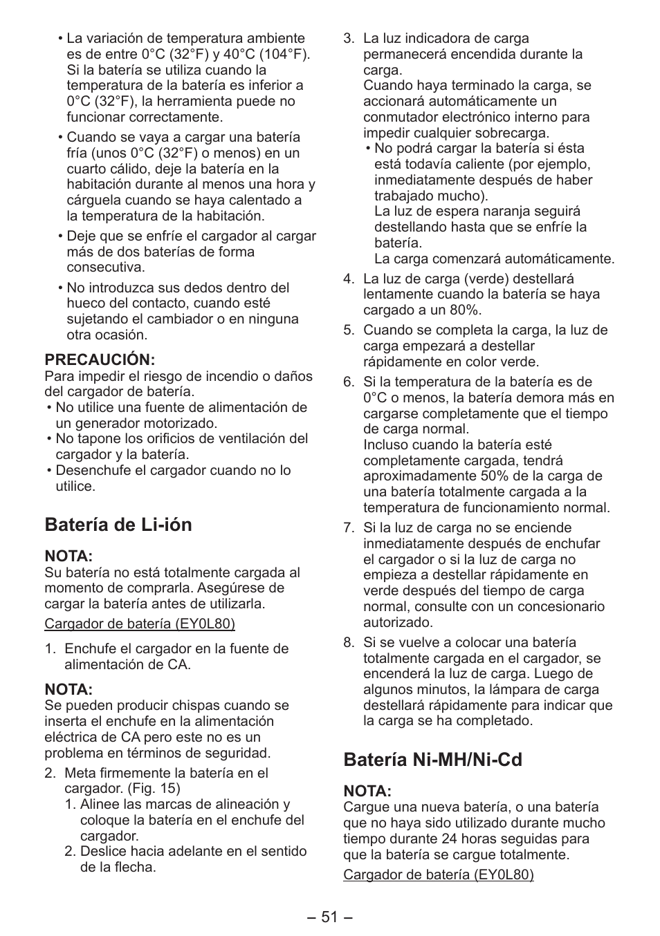 Batería de li-ión, Batería ni-mh/ni-cd | Panasonic EY3641 User Manual | Page 51 / 104