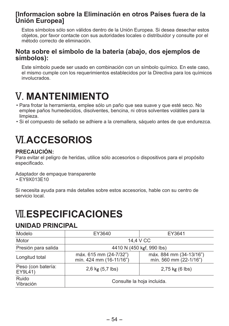 Mantenimiento, Accesorios, Especificaciones | Panasonic EY3641 User Manual | Page 54 / 104