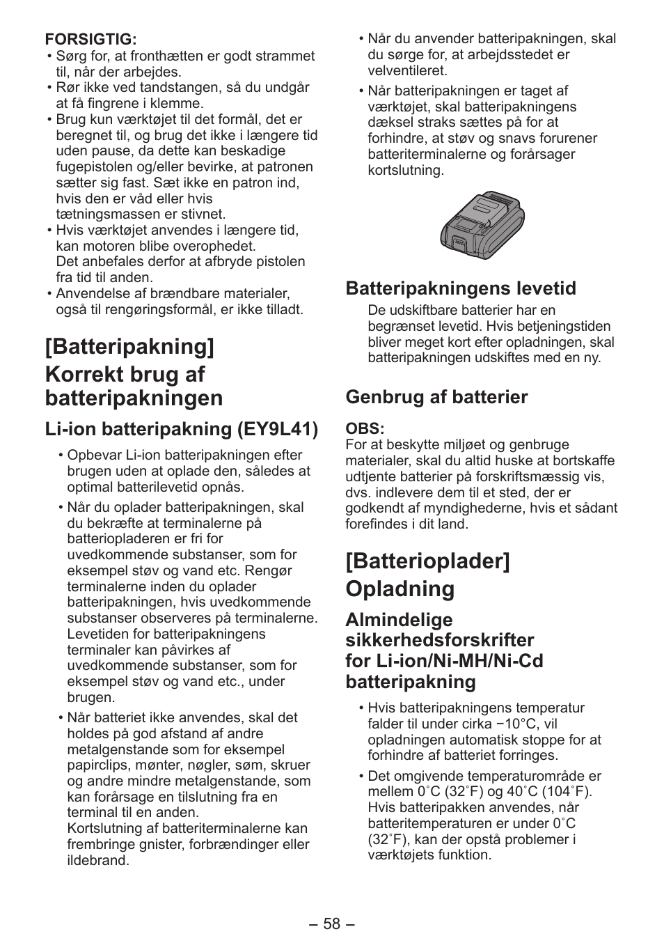 Batteripakning] korrekt brug af batteripakningen, Batterioplader] opladning, Li-ion batteripakning (ey9l41) | Batteripakningens levetid, Genbrug af batterier | Panasonic EY3641 User Manual | Page 58 / 104