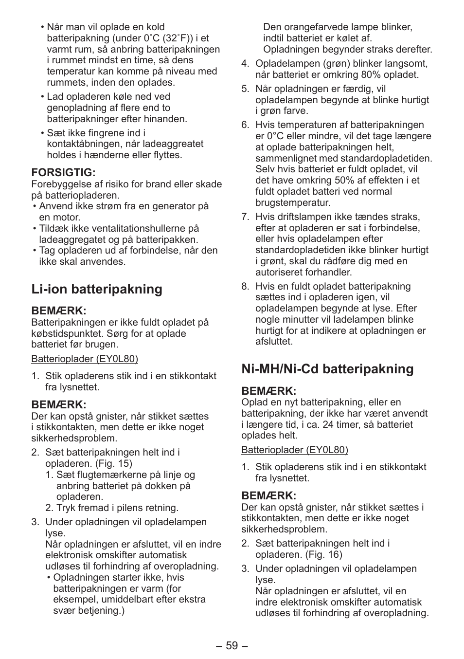 Li-ion batteripakning, Ni-mh/ni-cd batteripakning | Panasonic EY3641 User Manual | Page 59 / 104