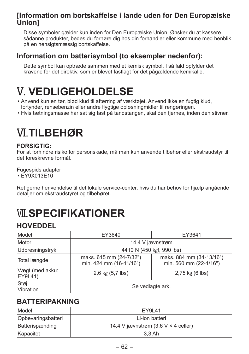 Vedligeholdelse, Tilbehør, Specifikationer | Panasonic EY3641 User Manual | Page 62 / 104