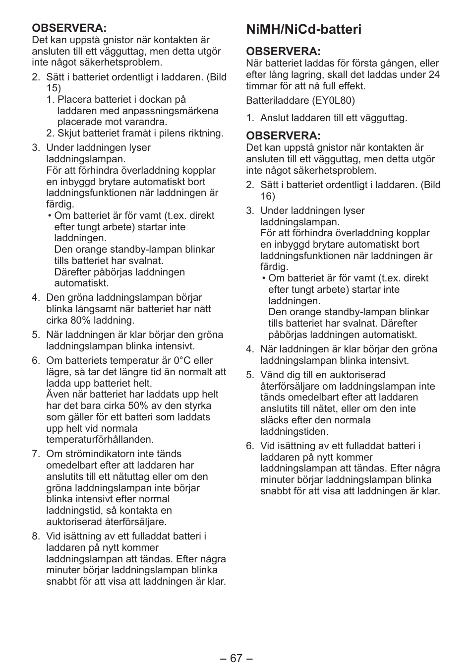 Nimh/nicd-batteri | Panasonic EY3641 User Manual | Page 67 / 104