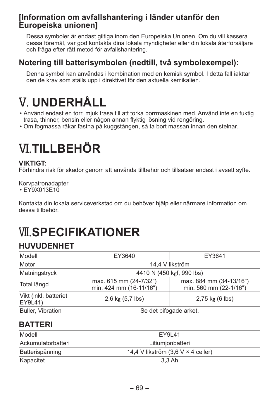 Underhåll, Tillbehör, Specifikationer | Panasonic EY3641 User Manual | Page 69 / 104